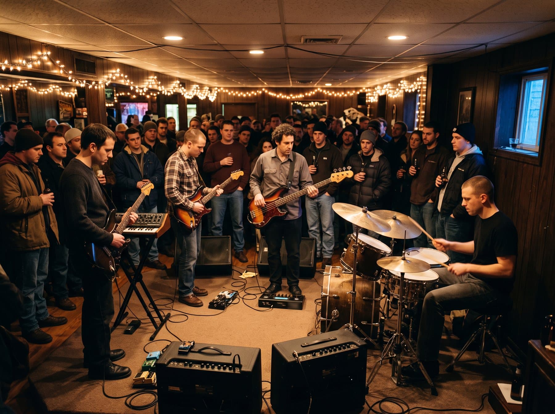A four-piece band playing in a small New Jersey tavern in winter, the guitarist standing completely still