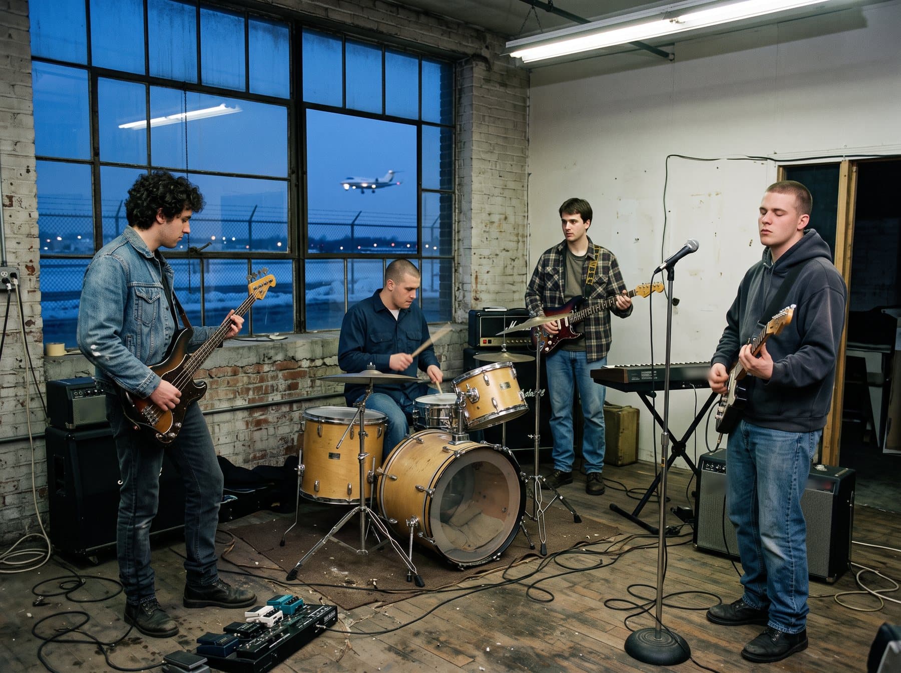 Four young men rehearsing in a bare second-floor warehouse room, an airport fence and a landing business jet visible through the window