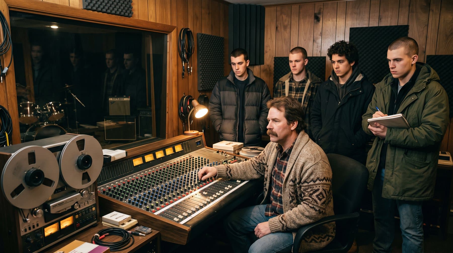 A small 1990s recording studio control room with a sixteen-track tape machine and four musicians listening