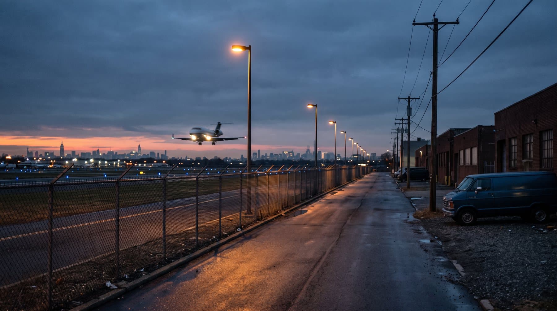 A chain-link airport perimeter fence at dusk under sodium-vapor lights, a business jet on short final